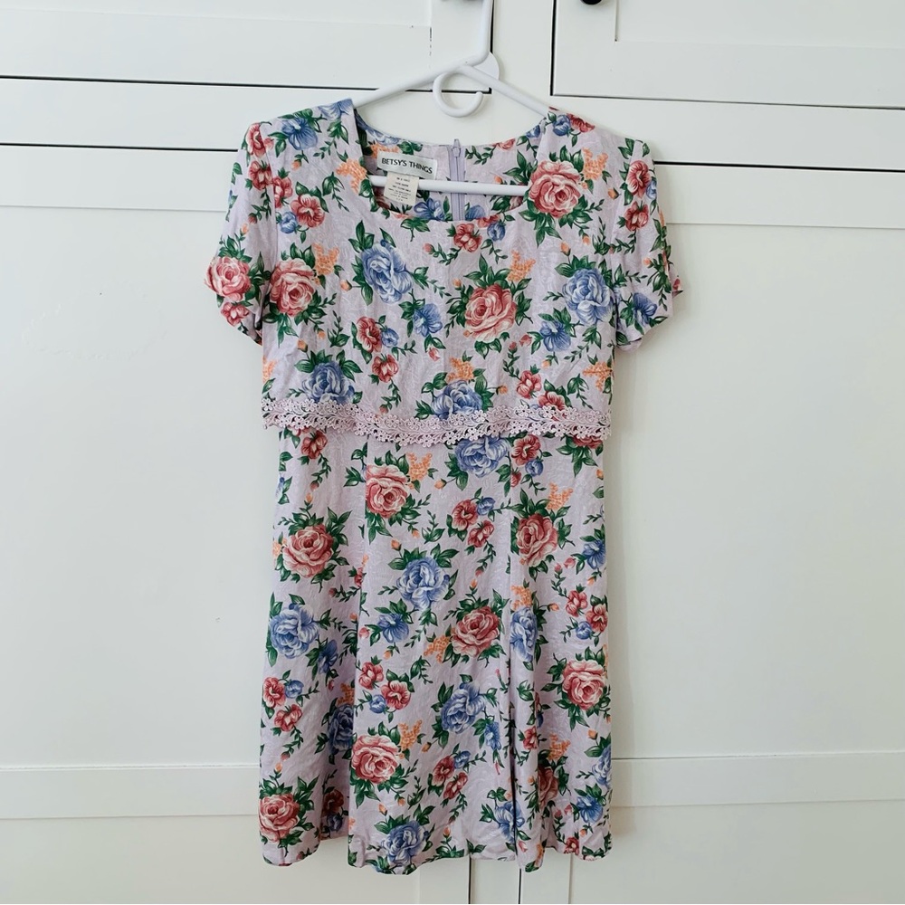 Betsy’s Things Rayon Lilac Floral Vintage Shoulder Pads Dress Size ¾